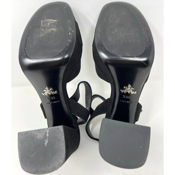 Prada Black Suede Platform Block Heel Peep Toe Sandals - Size 38.5 - Picture 8 of 10